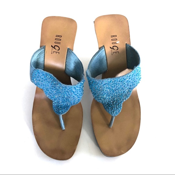 Rouge Helium Blue Suede Mules Thong Wedges - Picture 7 of 8